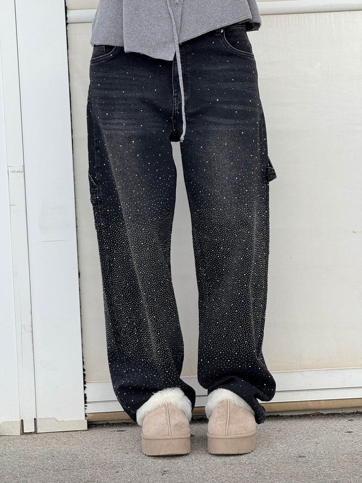 Womens Wide-Leg Denim Jeans Glitter Detail