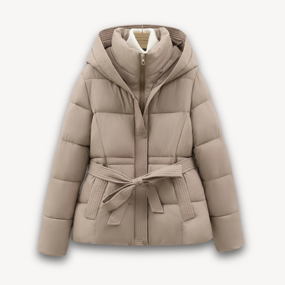 Womens Puffer Jacket with Hood and Belted Waist