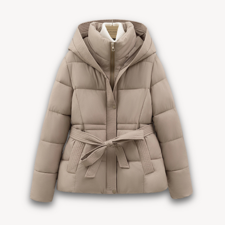 Womens Puffer Jacket with Hood and Belted Waist
