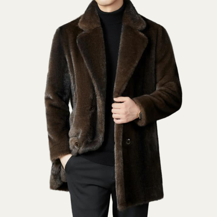 Mens Mid-Length Coat Faux Fur Double Breasted