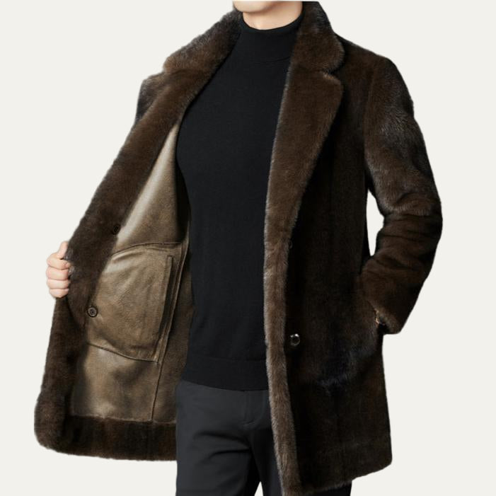 Mens Mid-Length Coat Faux Fur Double Breasted