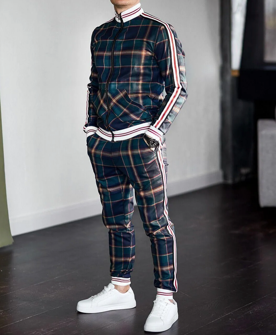 Mens Tracksuit Set Sportswear Checked Pattern Contrast Cuffs - BritishMode