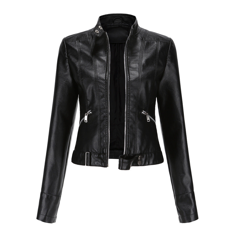 Womens PU Leather Jacket High Collar Zippered Belted Fit - BritishMode