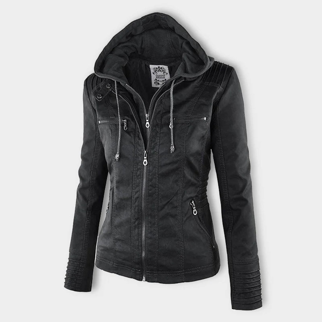 Womens PU Leather Jacket with Hooded Style