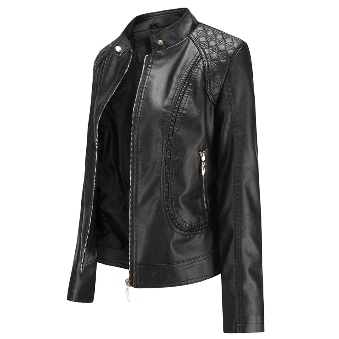 Womens PU Leather Jacket Stand-Up Collar Slim Fit