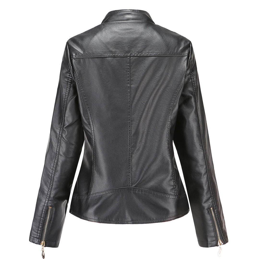 Womens PU Leather Jacket Stand-Up Collar Slim Fit
