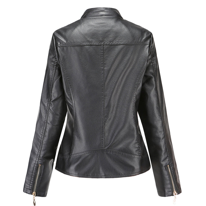 Womens PU Leather Jacket Stand-Up Collar Slim Fit