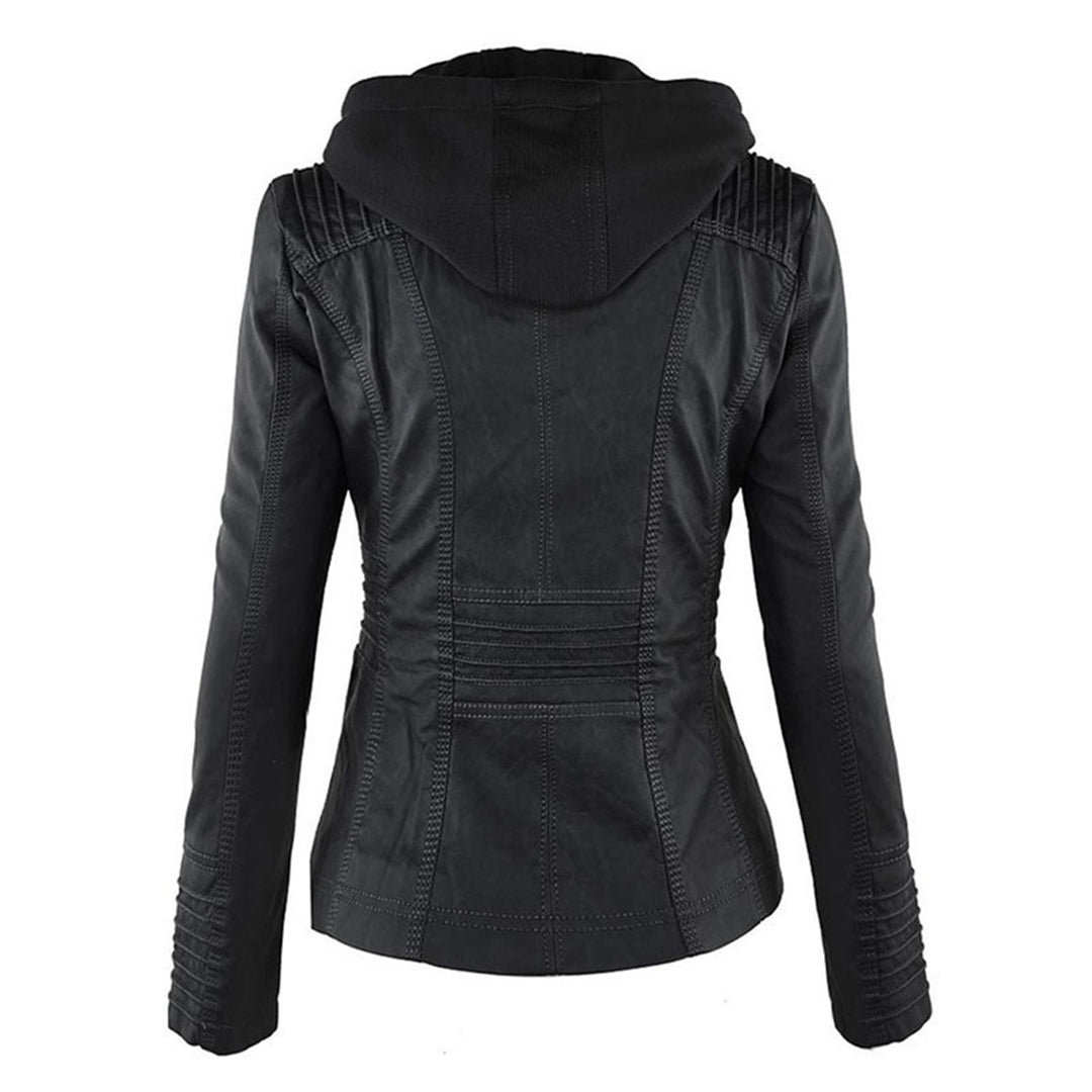 Womens PU Leather Jacket with Hooded Style