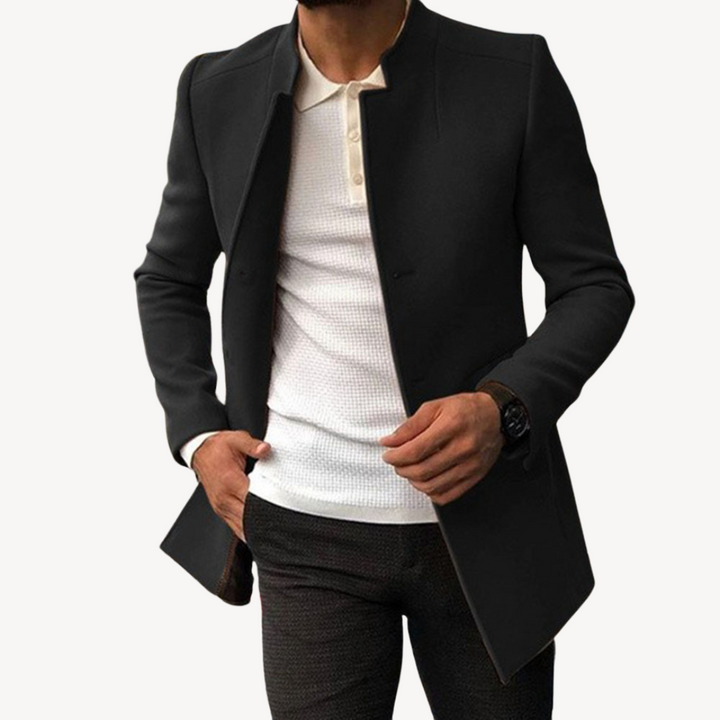 Mens Peacoat Wool Blend Stand Collar Mid Length