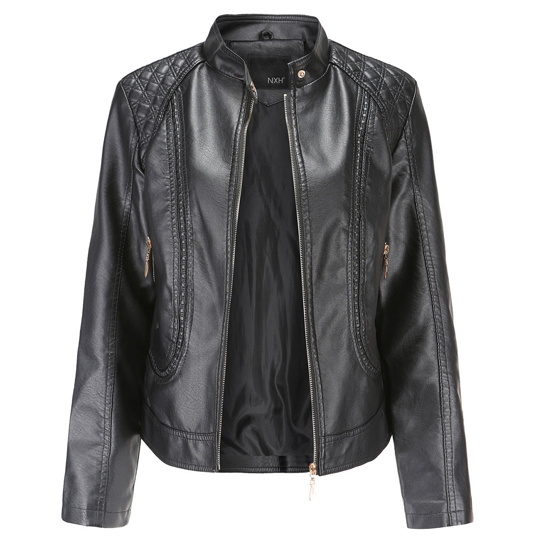 Womens PU Leather Jacket Stand-Up Collar Slim Fit - BritishMode