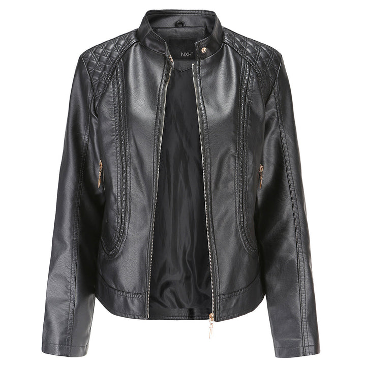 Womens PU Leather Jacket Stand-Up Collar Slim Fit - BritishMode