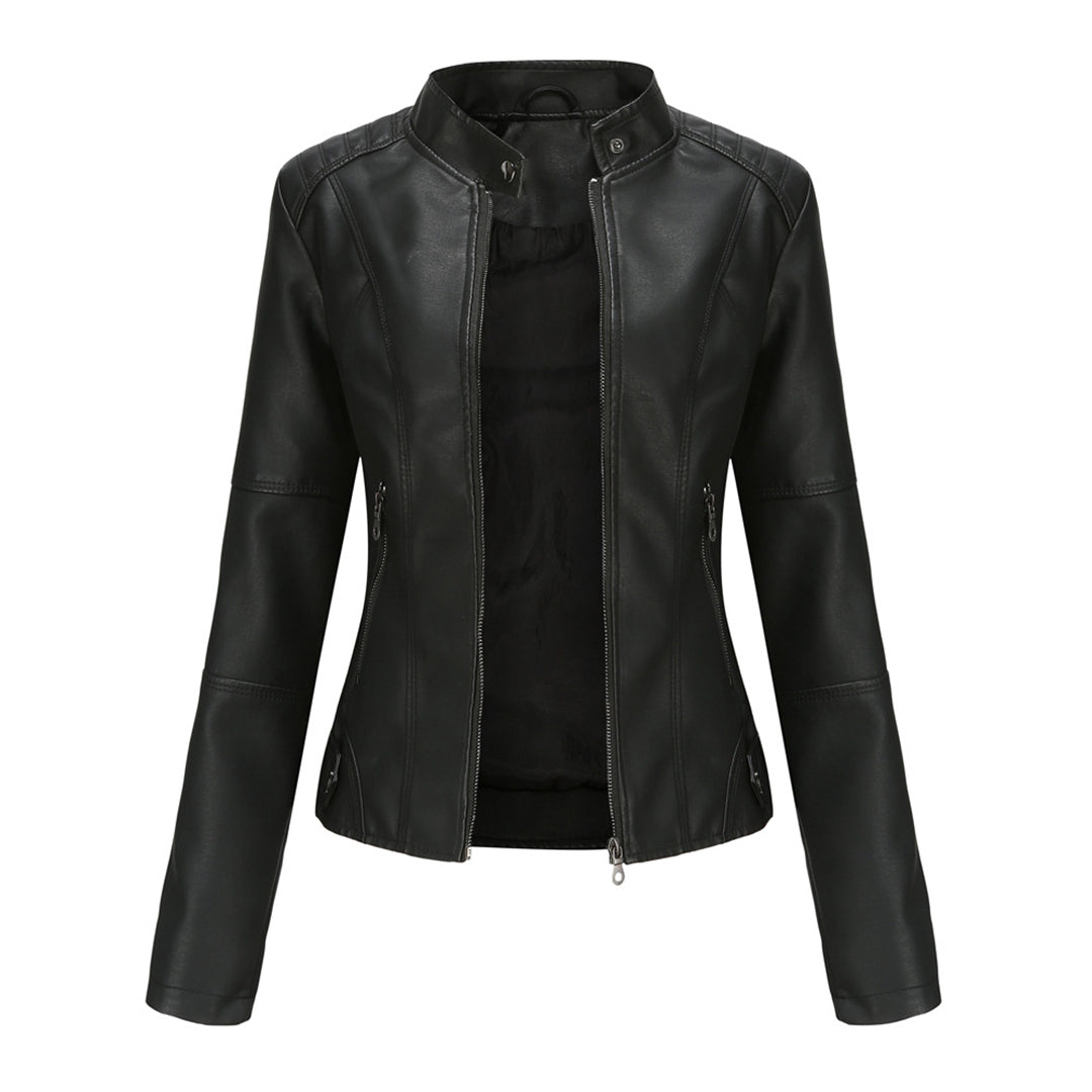 Womens Leather Biker Jacket with Zipper Slim Fit - BritishMode