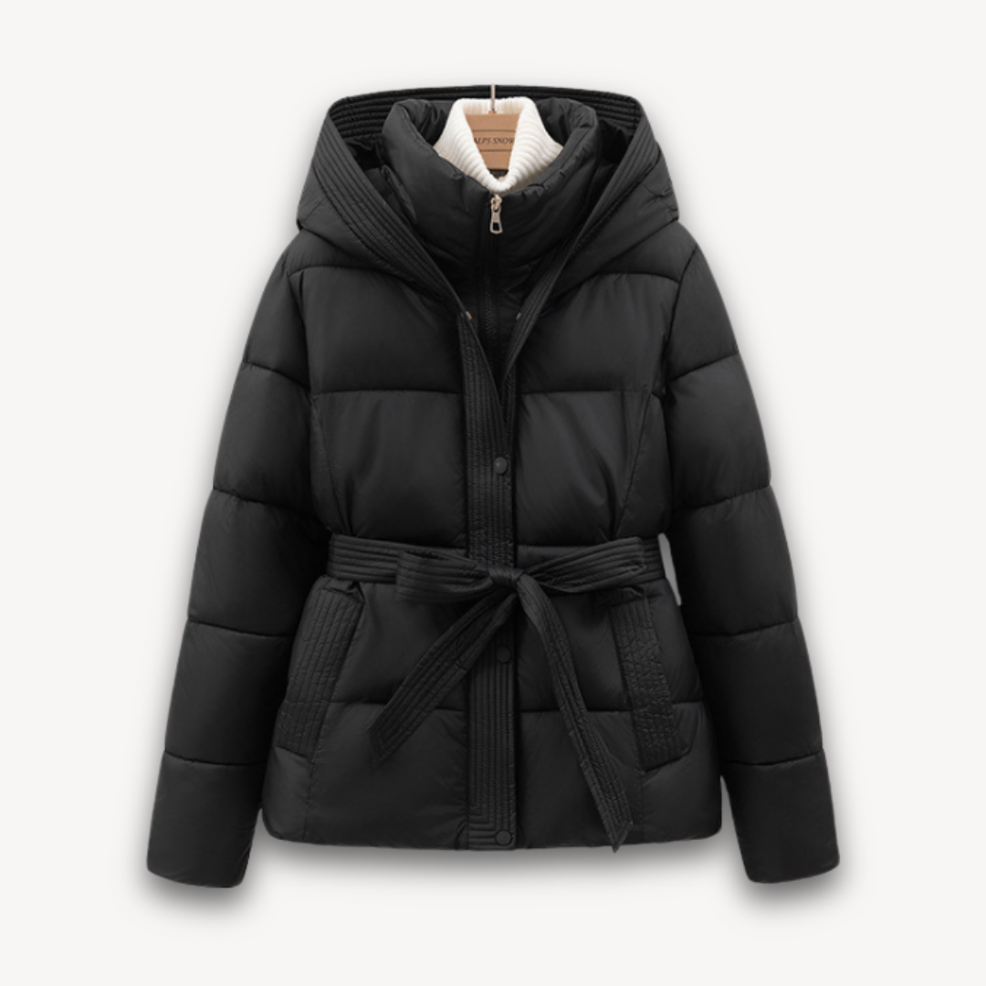 Womens Puffer Jacket with Hood and Belted Waist
