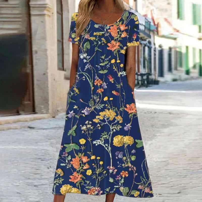 Womens Tea Length Dress Floral Pattern Lightweight - BritishMode