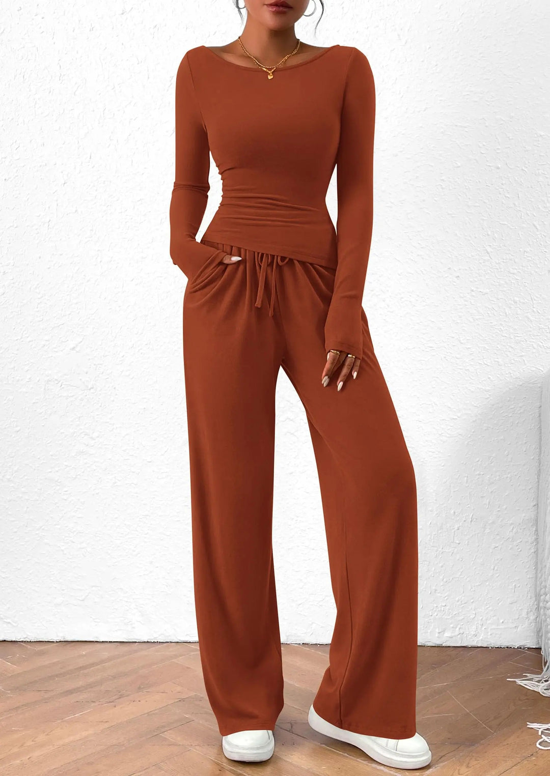 Womens Casual Long Sleeve T-Shirt and Wide Leg Pants Set - BritishMode