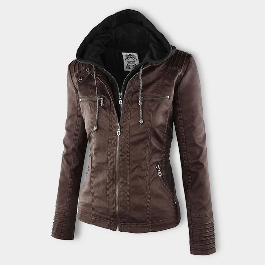 Womens PU Leather Jacket with Hooded Style