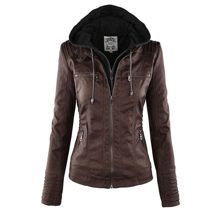Womens PU Leather Jacket with Hooded Style
