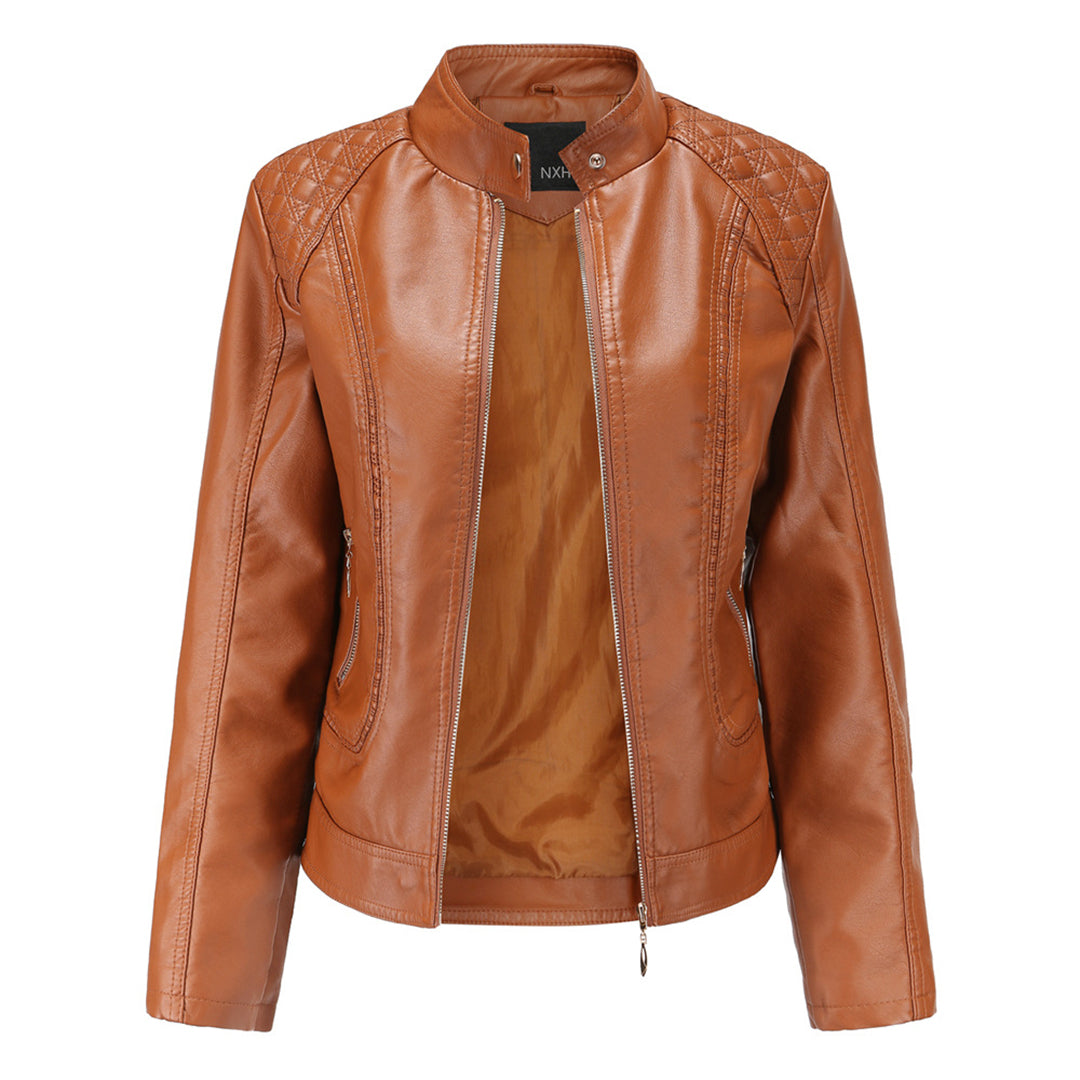 Womens PU Leather Jacket Stand-Up Collar Slim Fit
