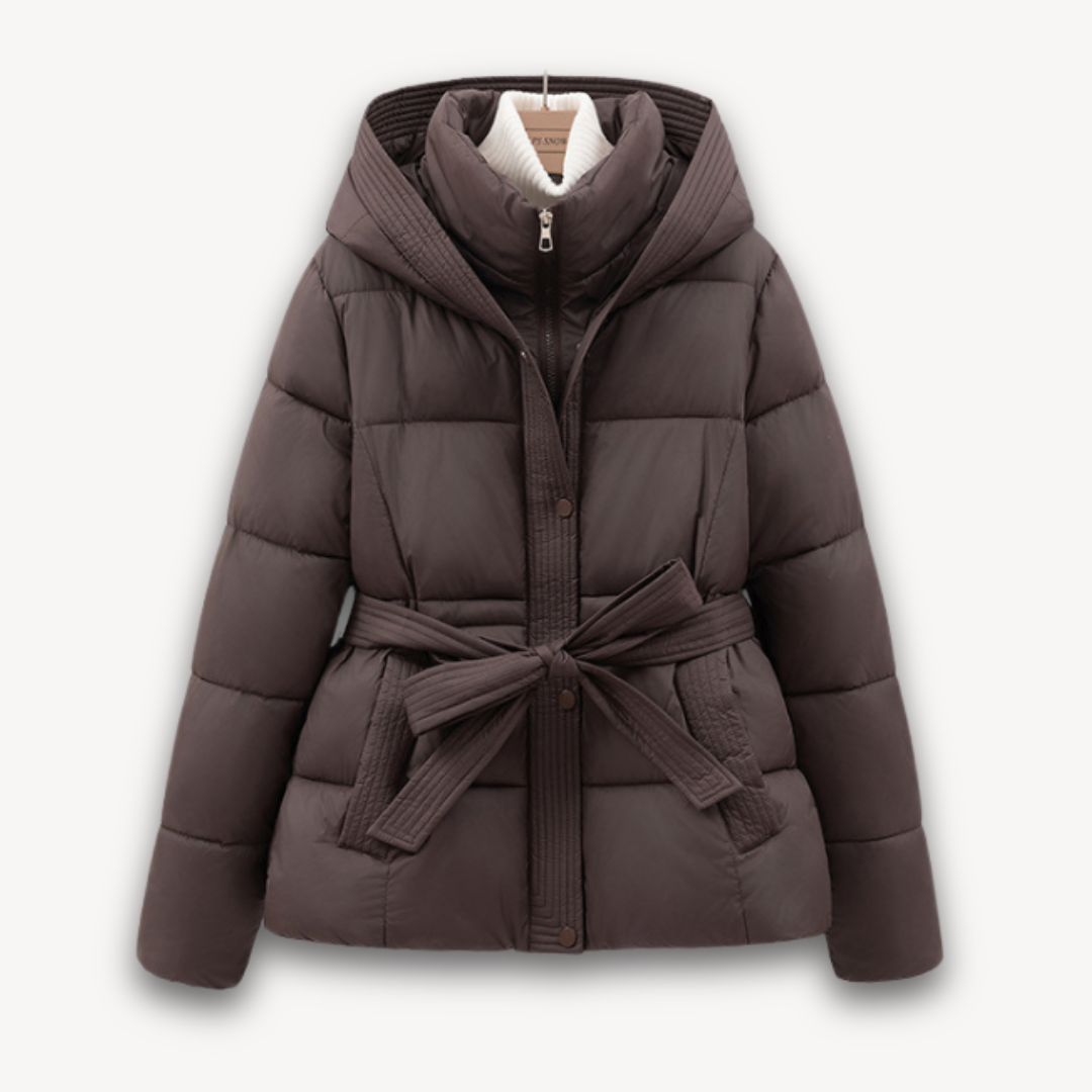 Womens Puffer Jacket with Hood and Belted Waist