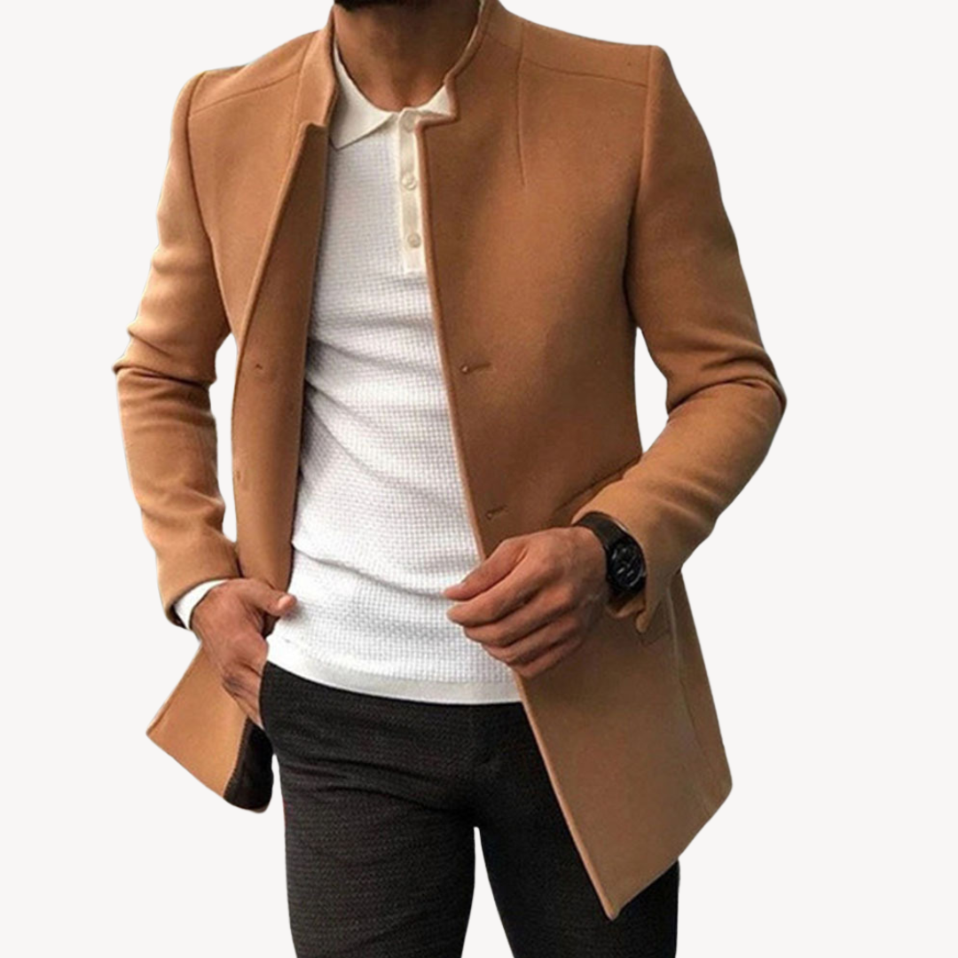 Mens Peacoat Wool Blend Stand Collar Mid Length