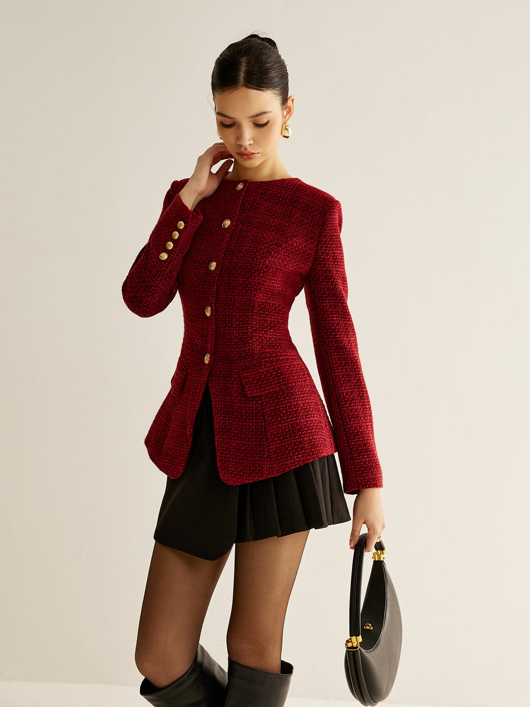 Womens Tweed Blazer Button Down Slit Fit
