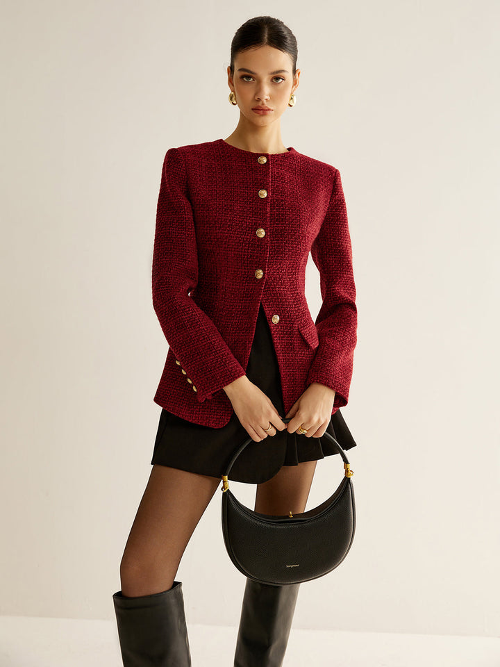 Womens Tweed Blazer Button Down Slit Fit