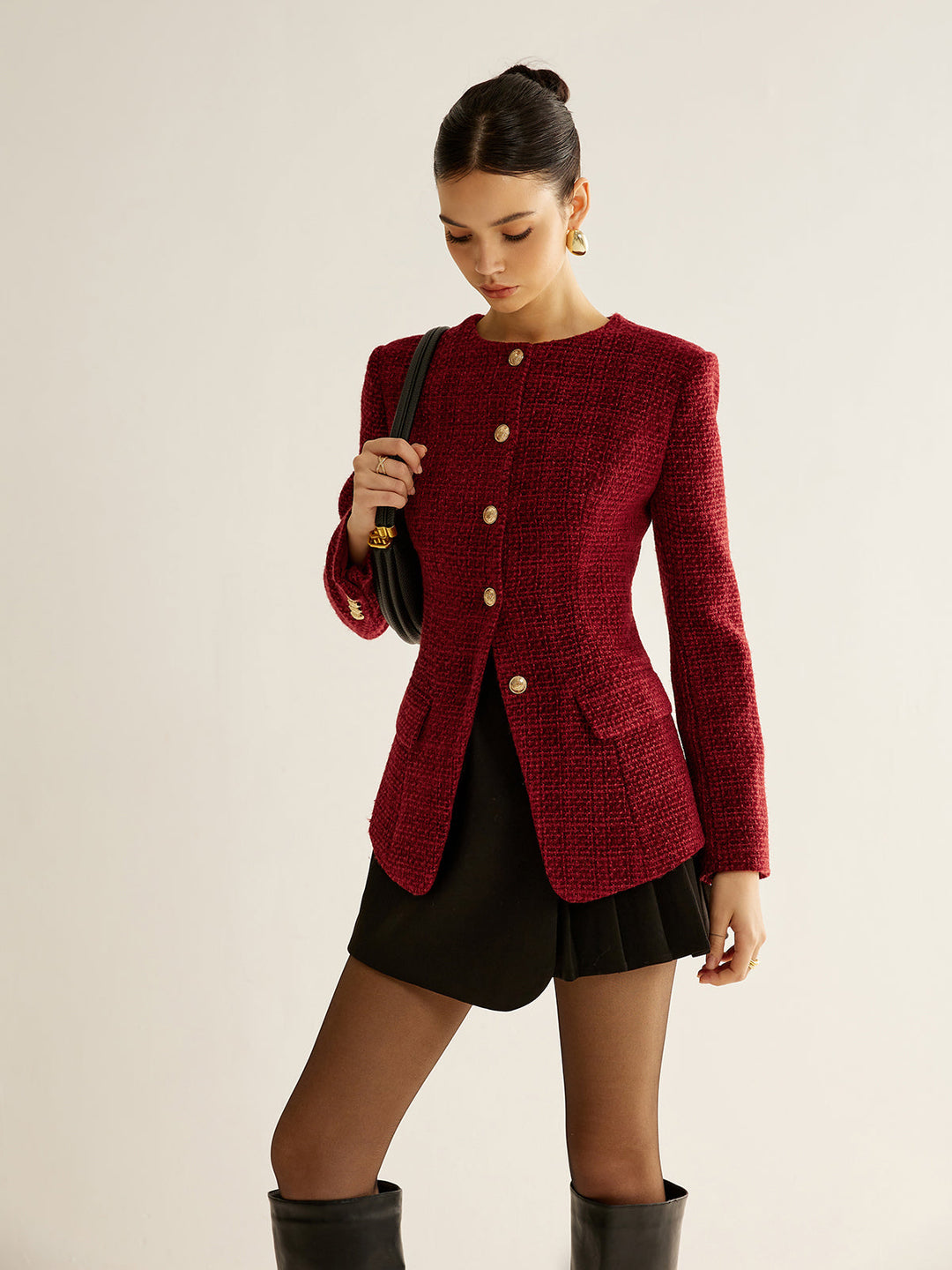 Womens Tweed Blazer Button Down Slit Fit