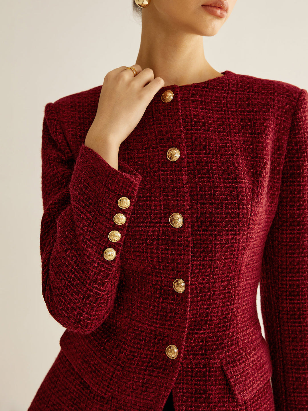 Womens Tweed Blazer Button Down Slit Fit