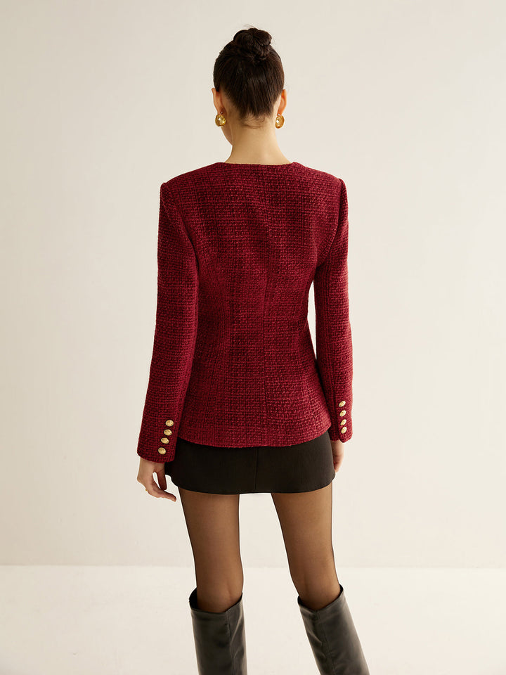 Womens Tweed Blazer Button Down Slit Fit