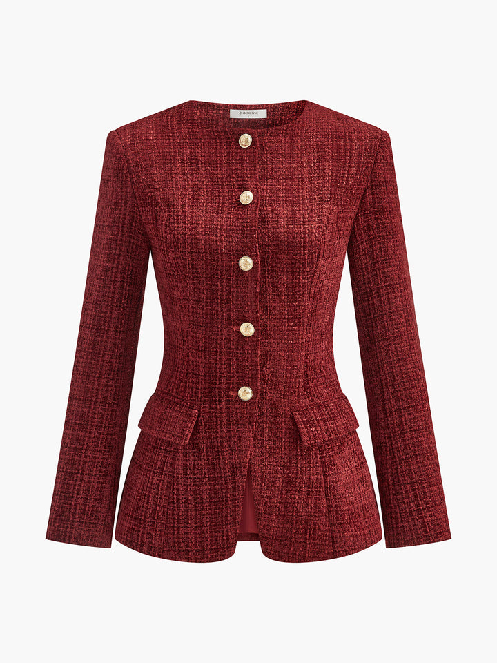 Womens Tweed Blazer Button Down Slit Fit