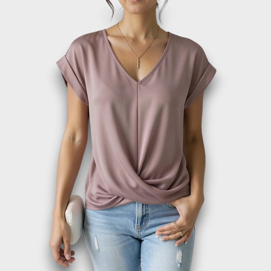Womens Satin Blouse V-Neck Twist-Hem - BritishMode