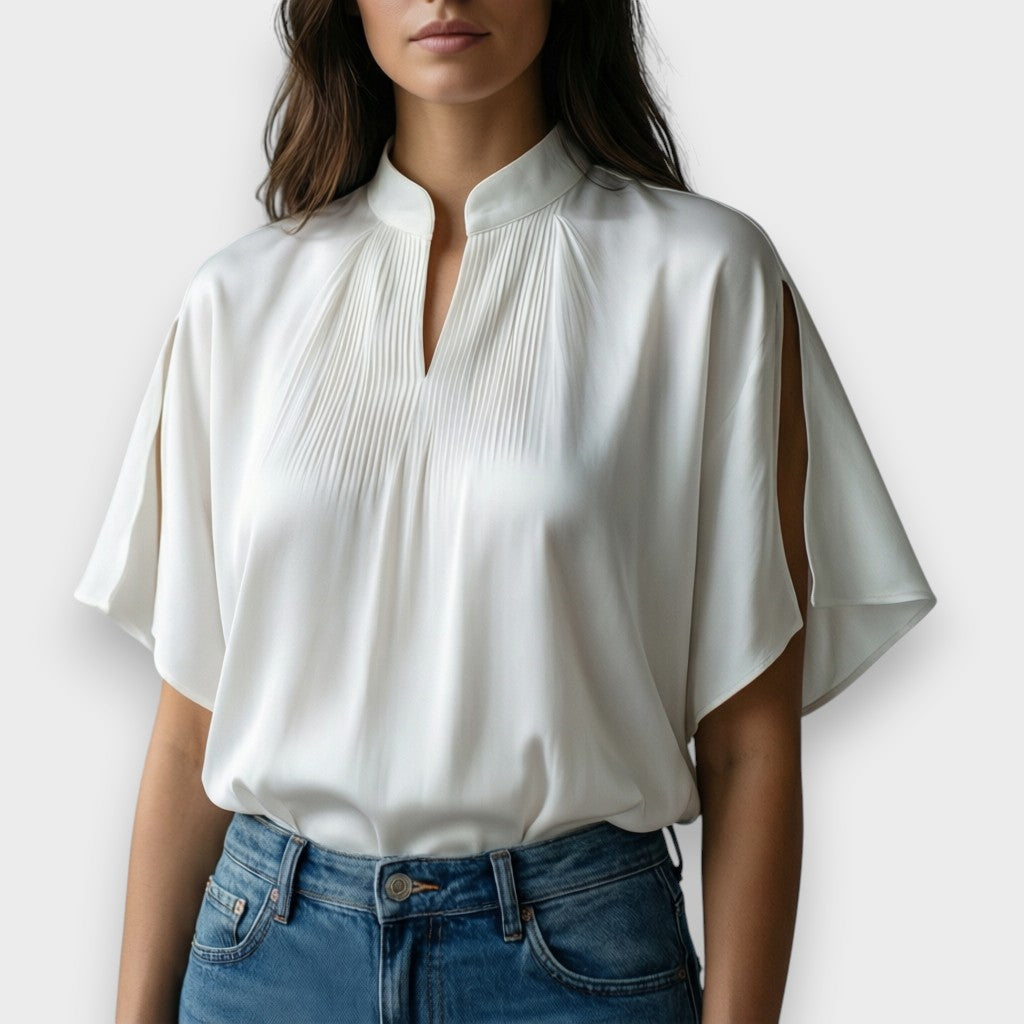 Womens Satin Blouse with Pleats Mandarin Neck Split Sleeve - BritishMode