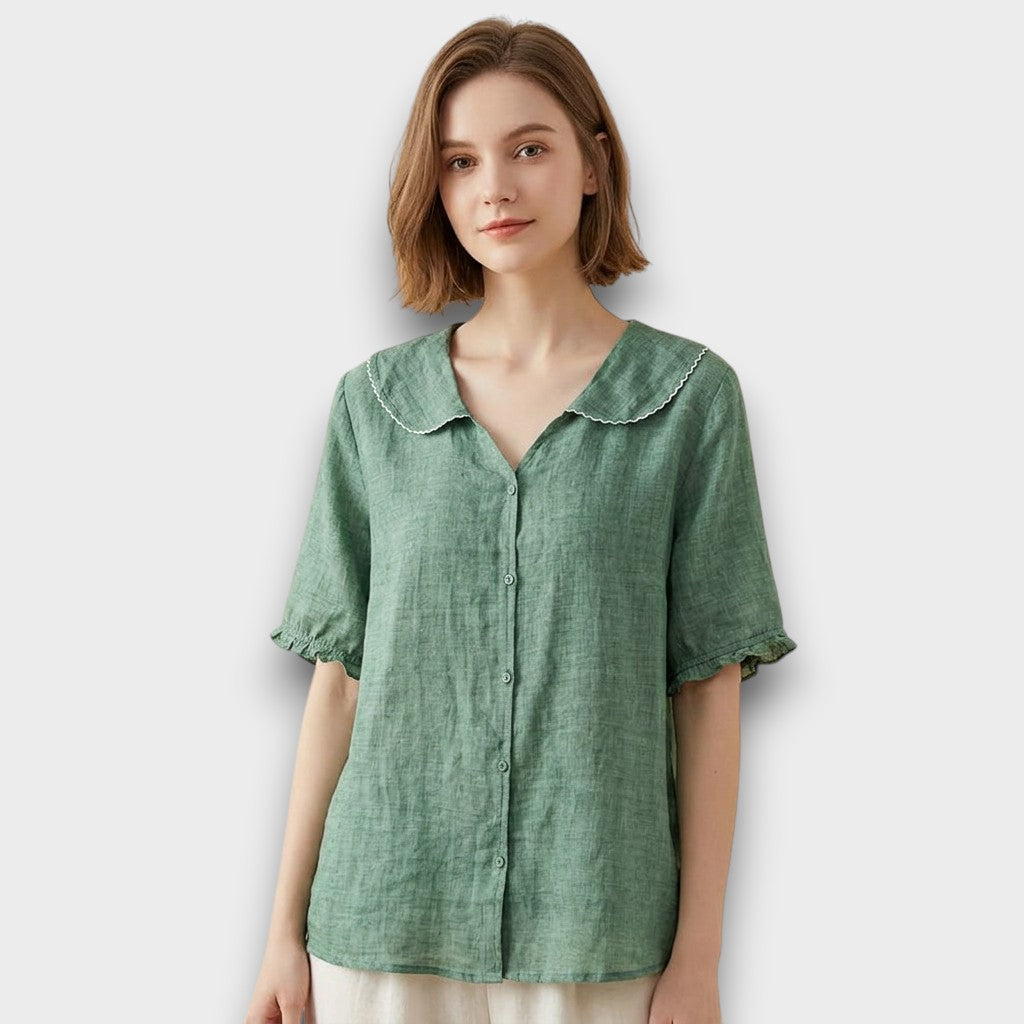 Womens Linen Blouse with Peter Pan Collar and Frill Cuffs - BritishMode