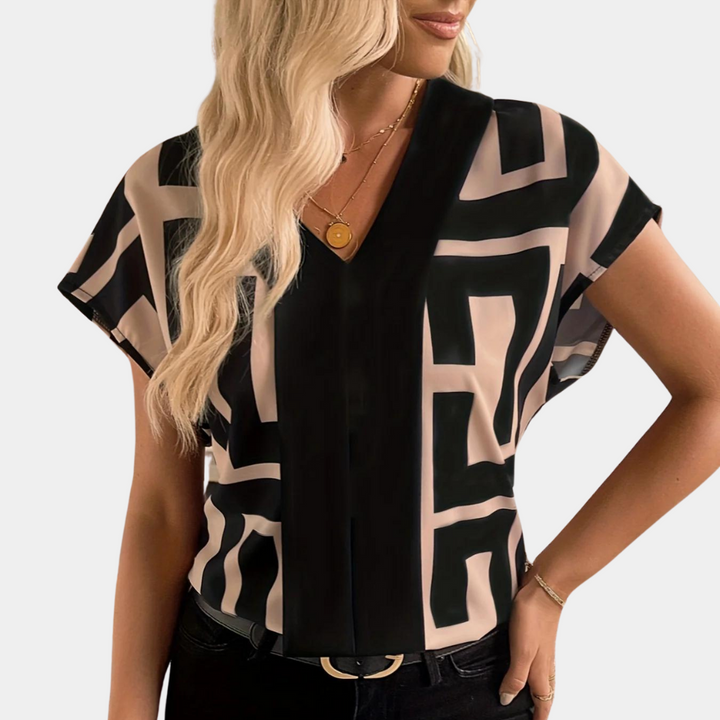 Womens Blouse Geometric Print V-Neck Short Sleeve