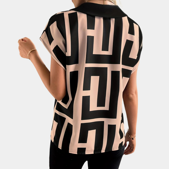 Womens Blouse Geometric Print V-Neck Short Sleeve