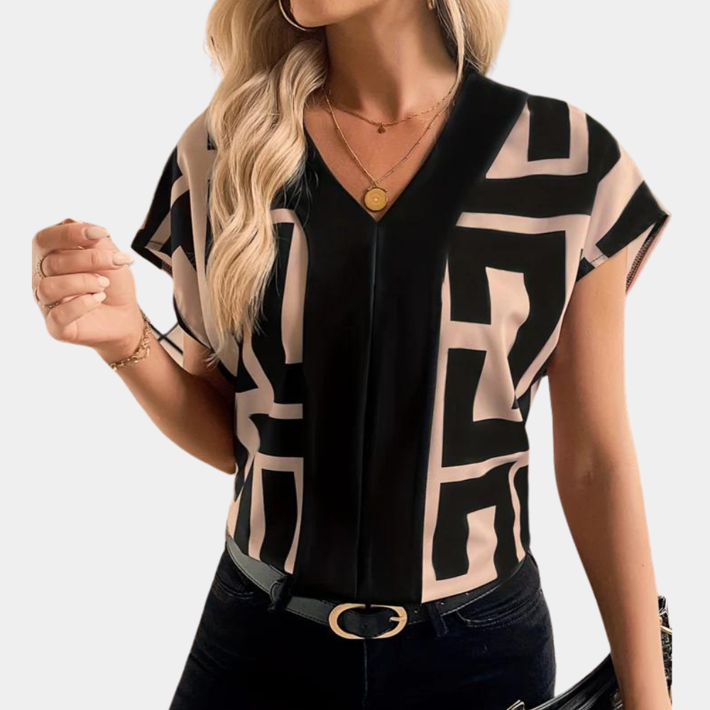 Womens Blouse Geometric Print V-Neck Short Sleeve - BritishMode