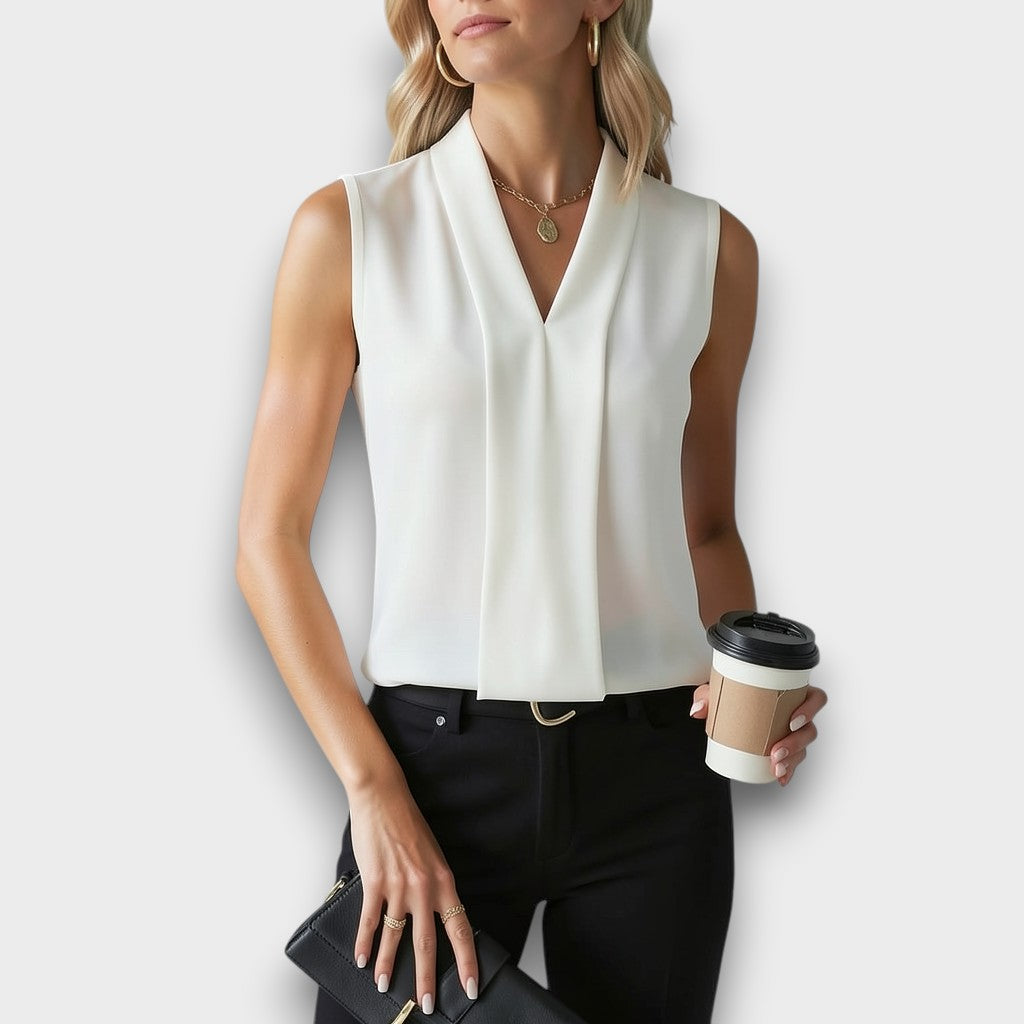 Womens Sleeveless Blouse Pleated V-Neck - BritishMode