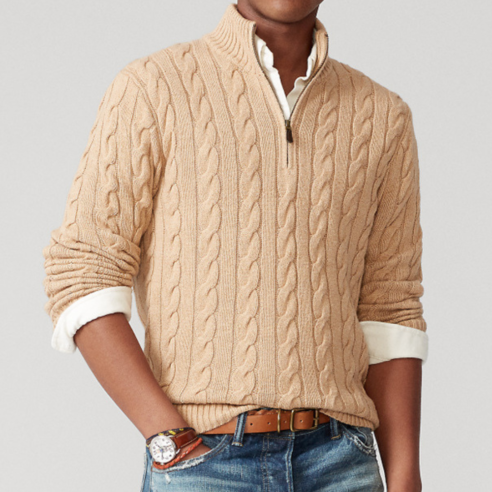 Mens Cable Knit Sweater Quarter Zip Cozy Fit