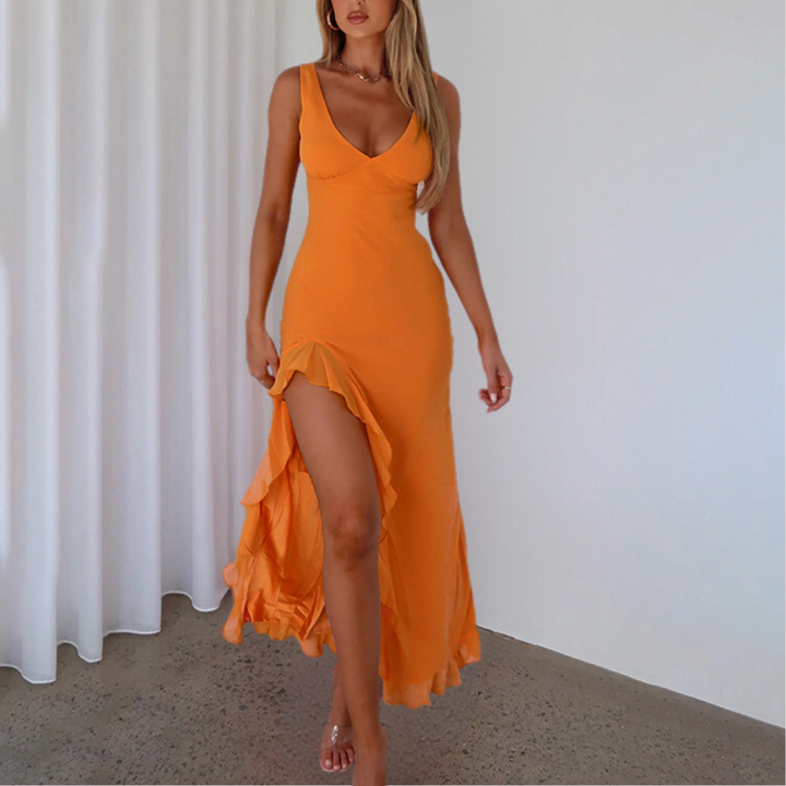 Womens Maxi Dress V-Neck Side Slit