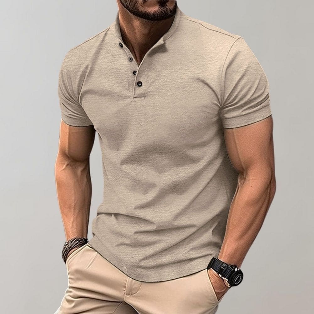Mens V-Neck T-Shirt Cotton Casual Fit with Button Detail