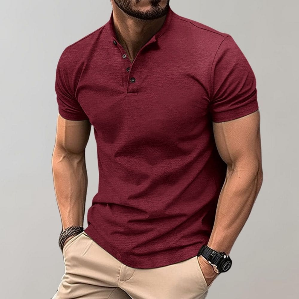 Mens V-Neck T-Shirt Cotton Casual Fit with Button Detail