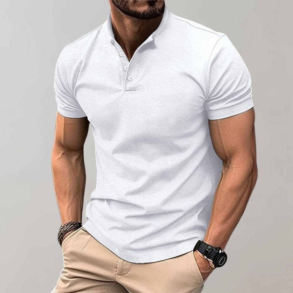 Mens V-Neck T-Shirt Cotton Casual Fit with Button Detail