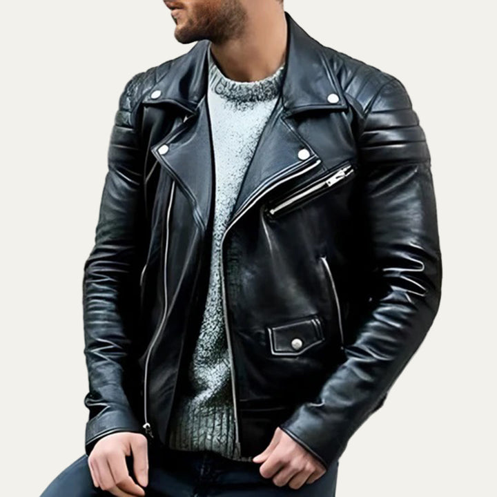 Mens Leather Biker Jacket Asymmetrical Zip - BritishMode