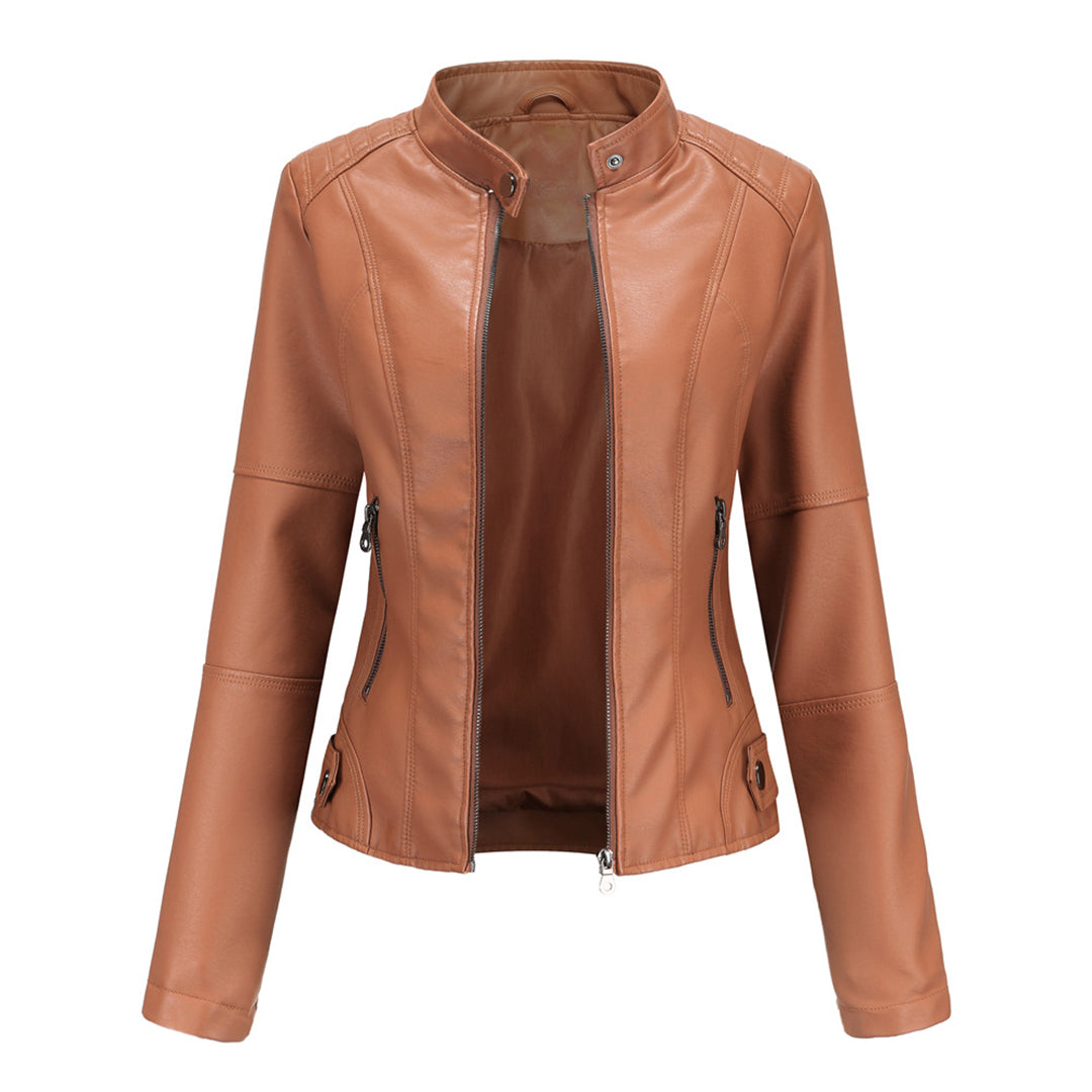 Womens Leather Biker Jacket with Zipper Slim Fit
