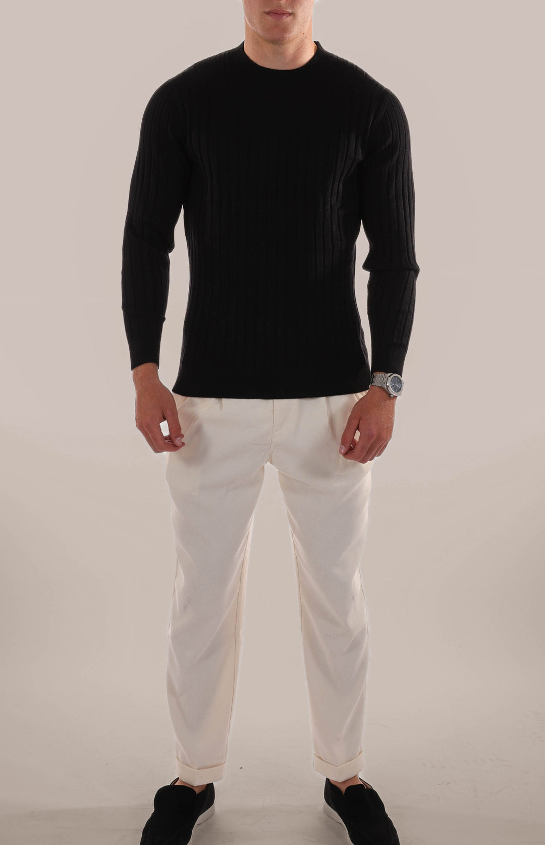 Mens Ribbed Knit Jumper Crew Neck
