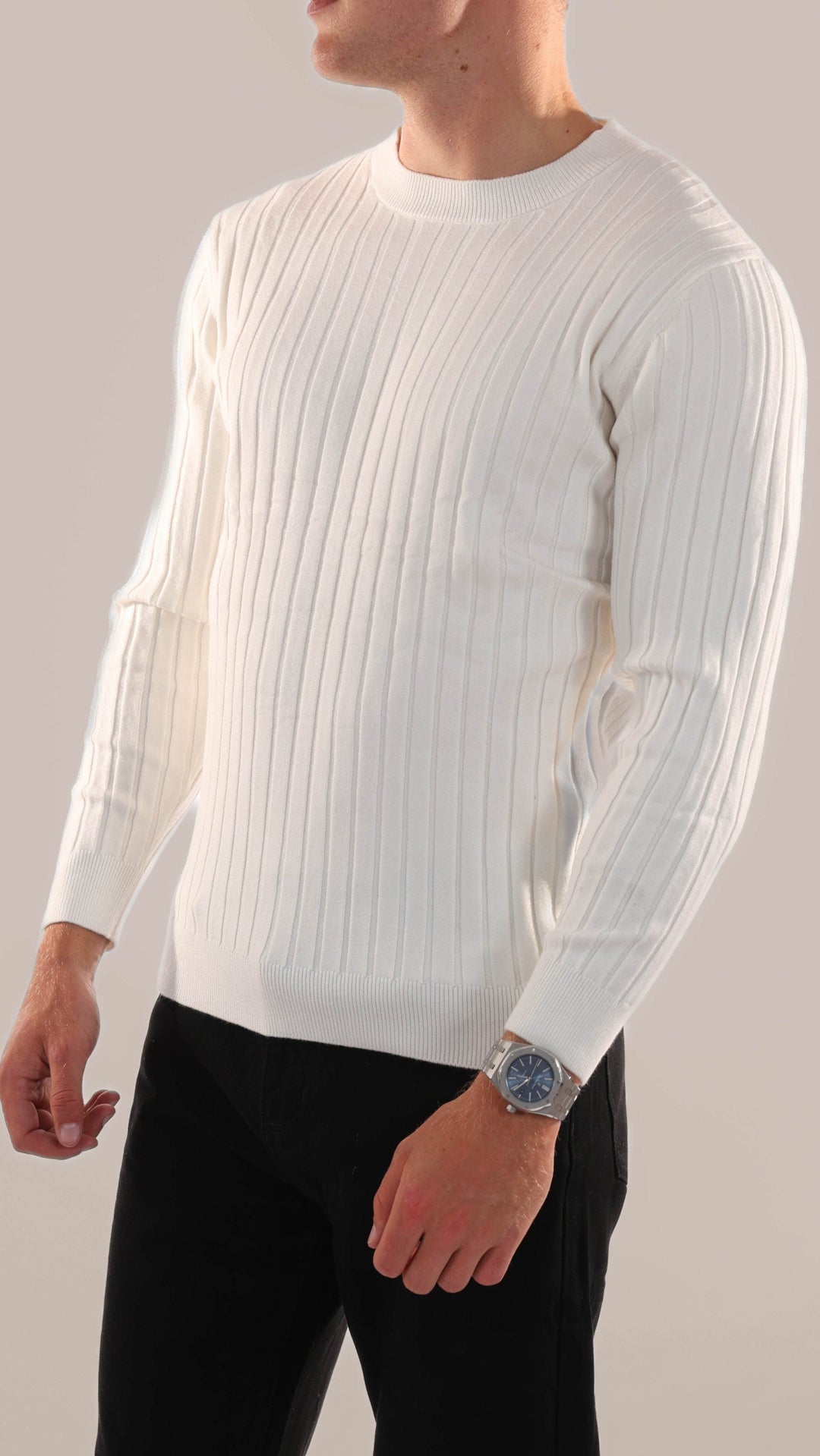 Mens Ribbed Knit Jumper Crew Neck