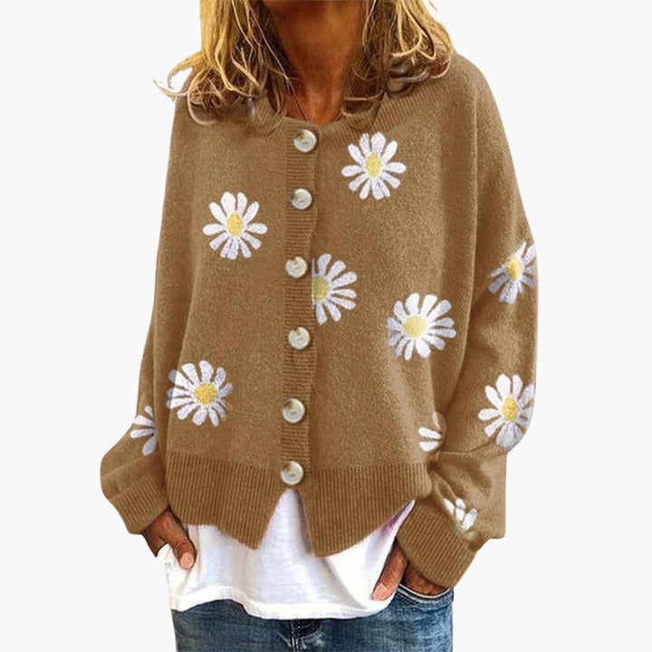 Womens Button-Down Cardigan with Daisy Print Regular Fit - BritishMode