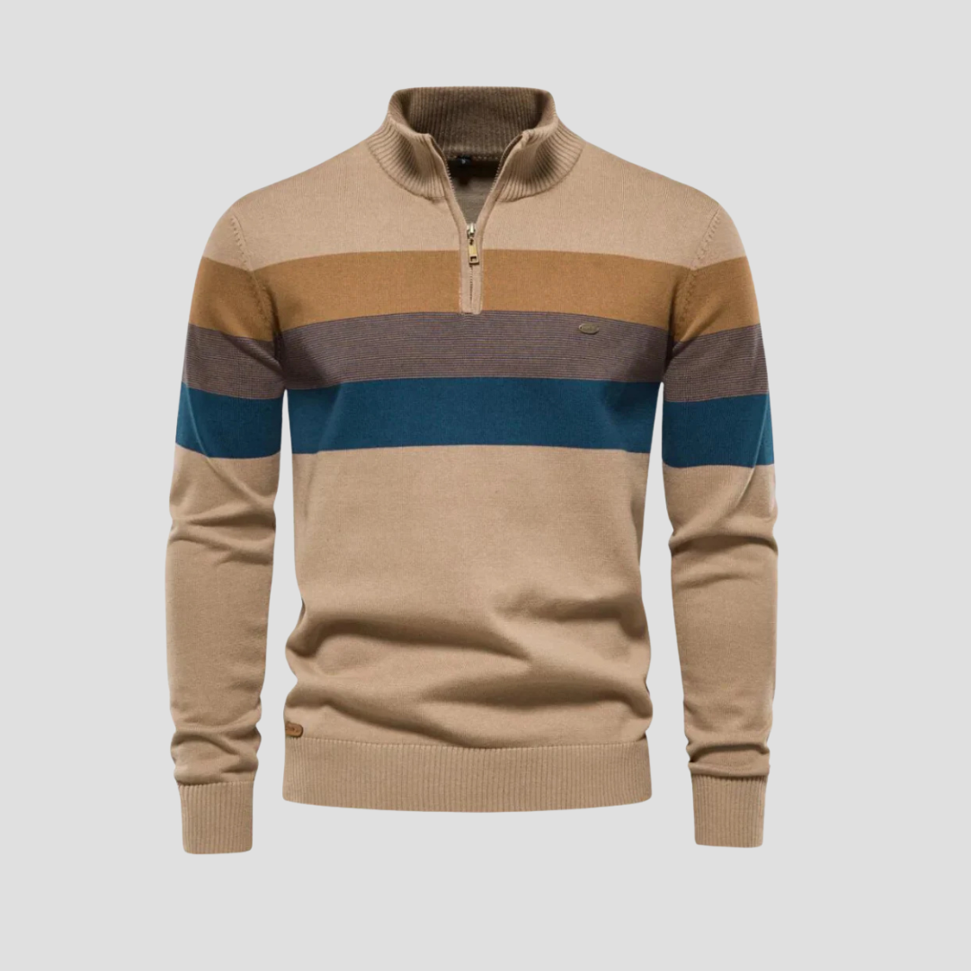 Mens Knit Sweater Quarter-Zip Striped Pattern