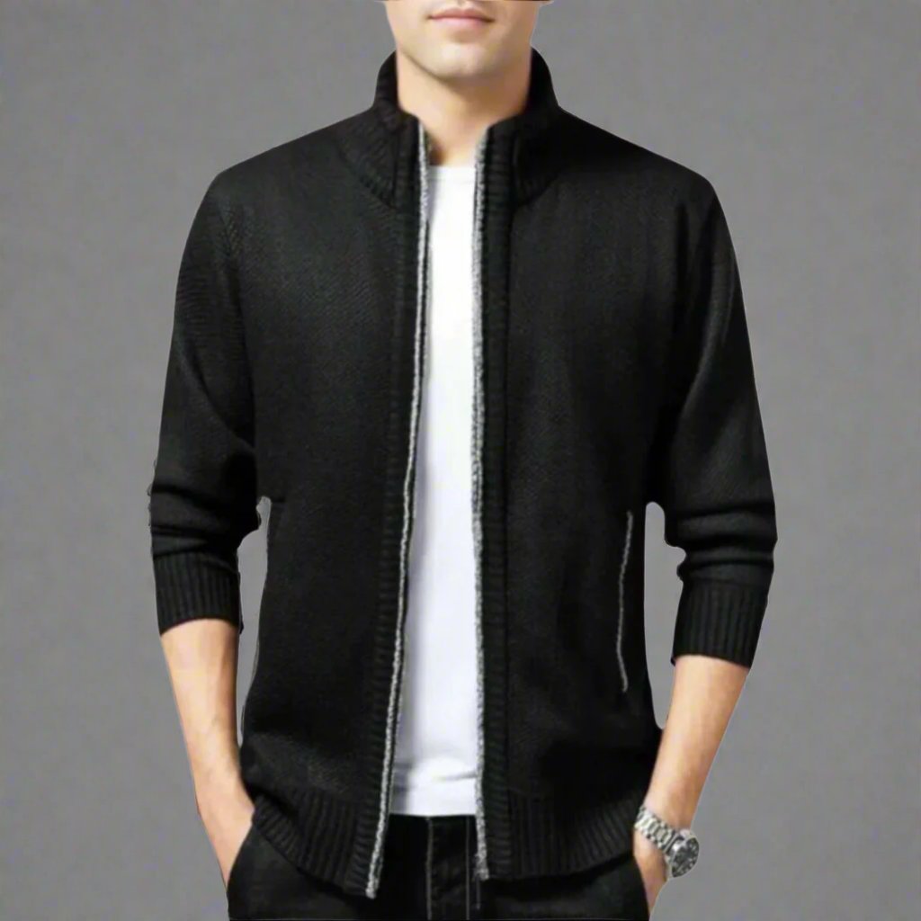 Unisex Casual Knit Jacket with Zipper and Stand-Up Collar - BritishMode