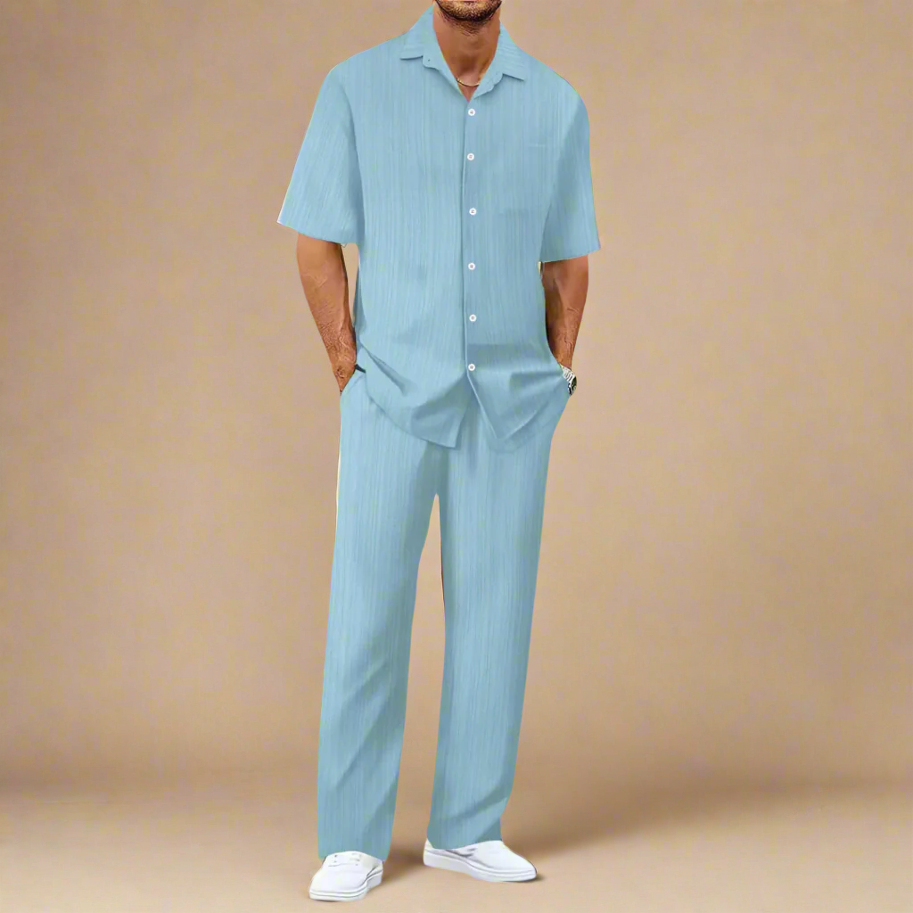 Mens Two-Piece Summer Set with Shirt and Trousers Casual Fit